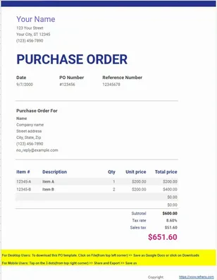 Online Purchase Order Template