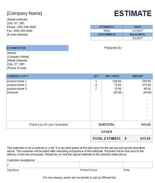 Sample Estimate Template in Excel