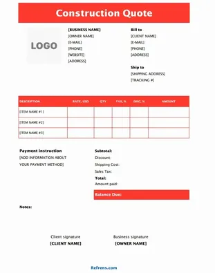 Sample Construction Quote Template Excel