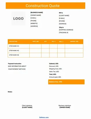 Sample Construction Quote Template