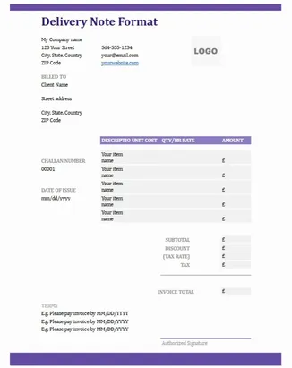 Delivery Note Template Excel