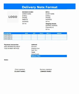 Delivery Note Format Excel