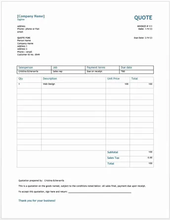 Service Quote Template - Excel