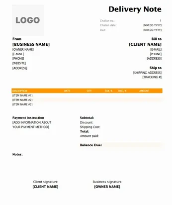 Sample Delivery Note Template Excel 