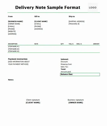 Delivery Note Sample Format Excel