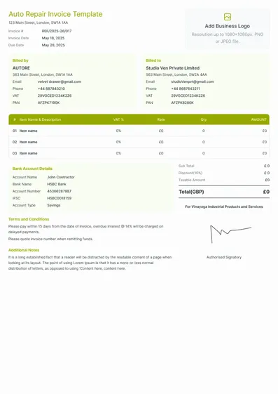 Auto Repair Invoice Template