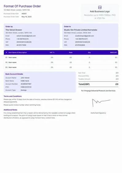 Format of purchase order