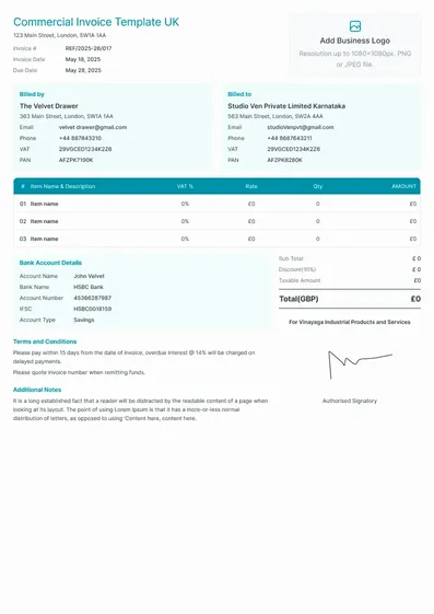 Commercial Invoice Template UK
