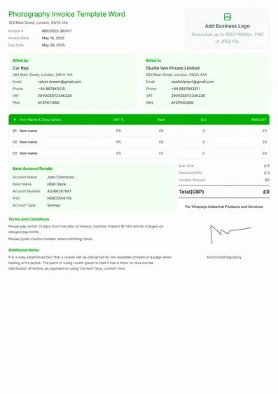 Photography Invoice Template