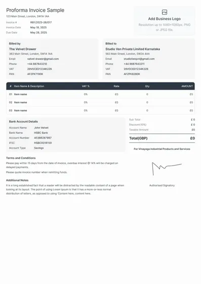 Proforma Invoice Sample