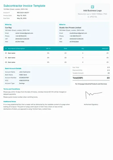 Subcontractor Invoice Template