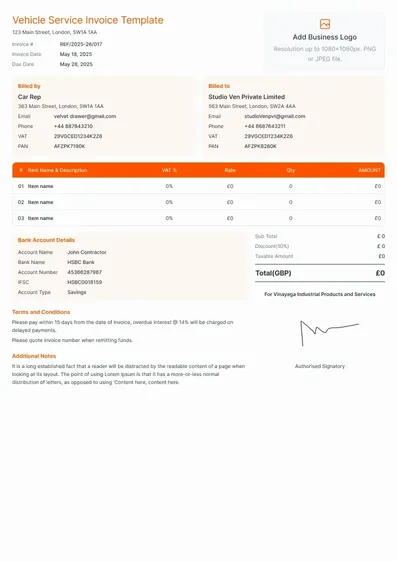 Vehicle Service Invoice Template