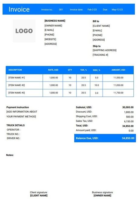 FREE Trucking Invoice Templates (Word, Excel, PDF)