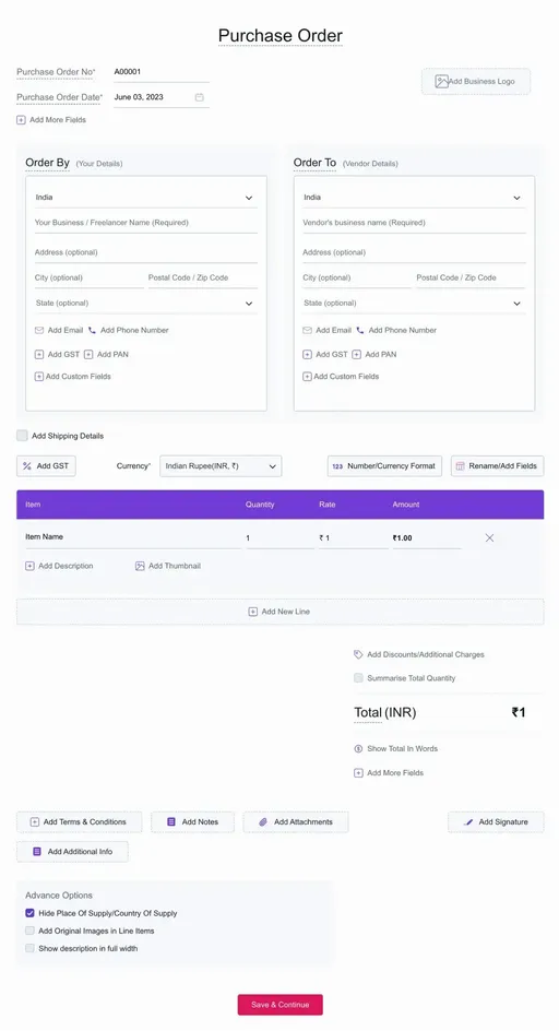 Purchase Order Template Form