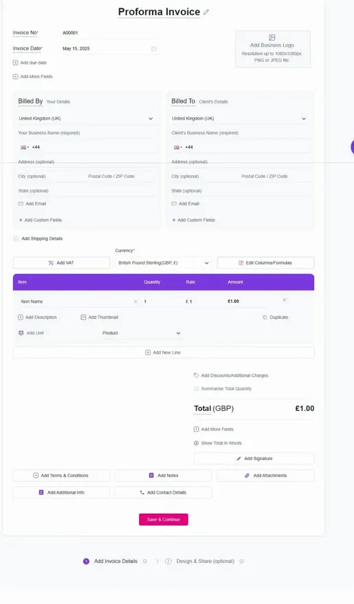 Proforma Invoice Form UK