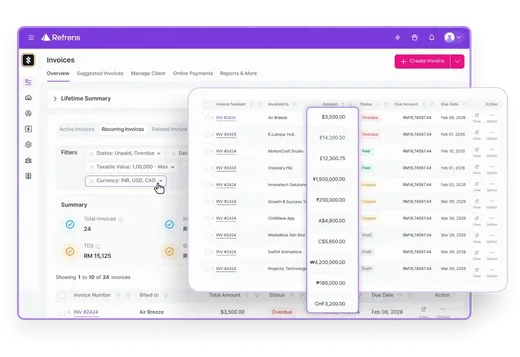 Multi-Currency Invoicing Software Dashboard - Refrens Multi-Currency Invoicing Software Dashboard - Refrens