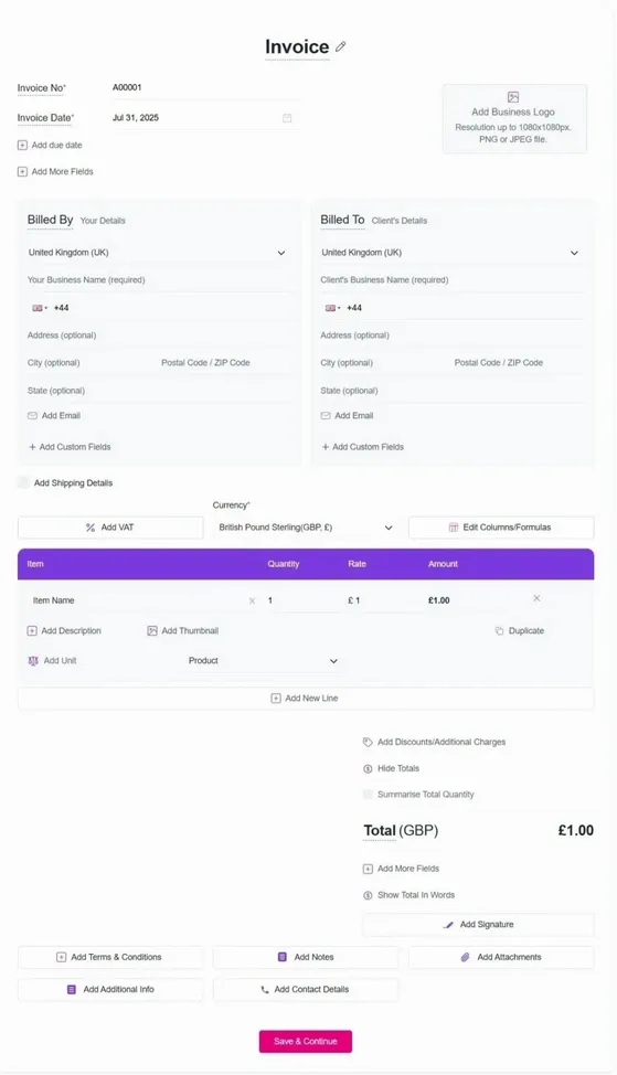 Create invoice using Refrens invoice form for free - United Kingdom invoice with +44 code phone number and GBP currency