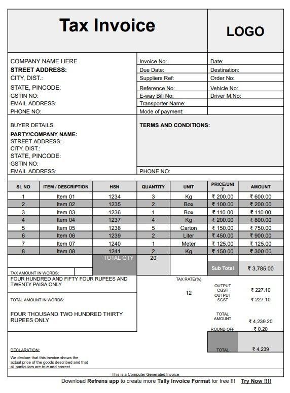 FREE Tally Bill Format (Word, Excel and PDF)