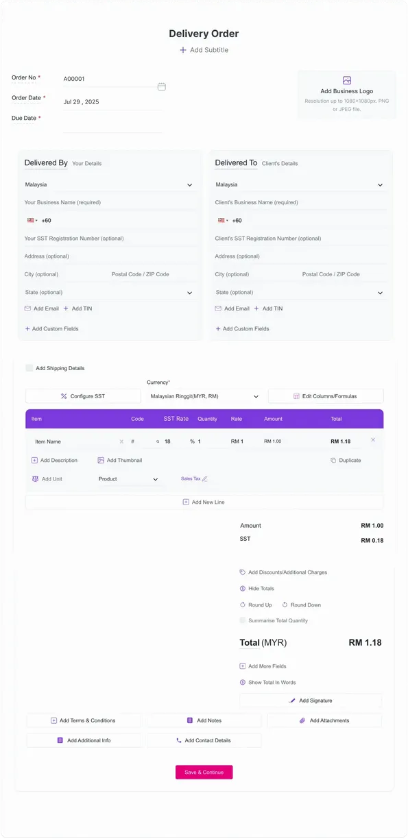 Delivery Order Template Form