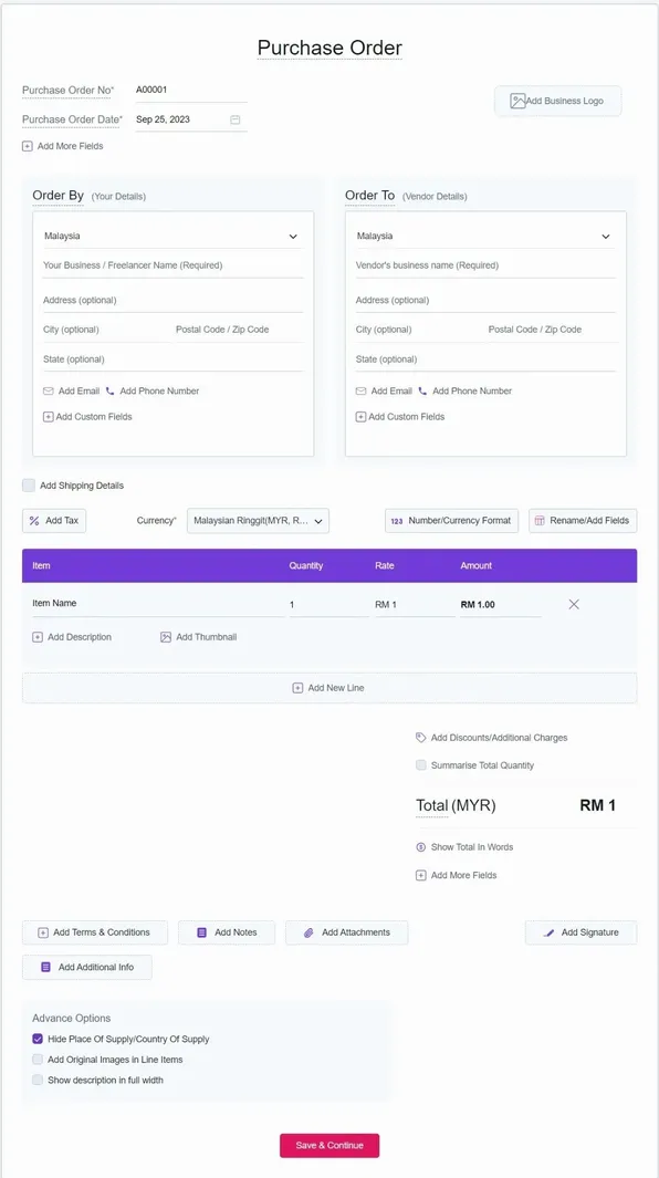 Purchase Order Template Form in PDF