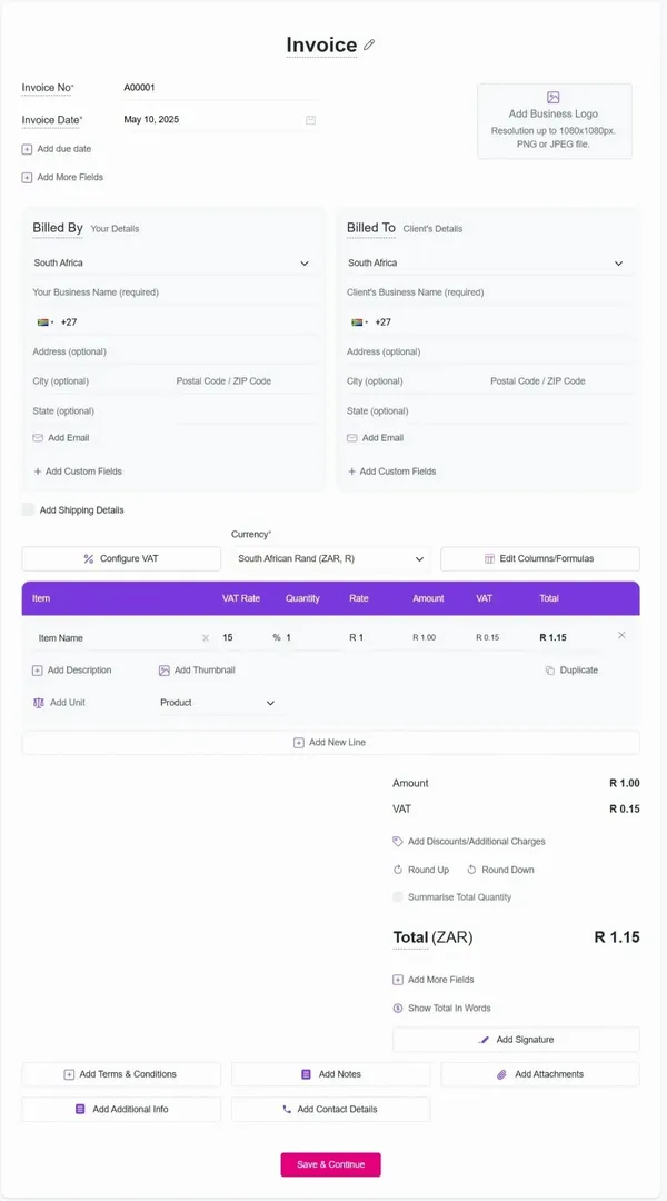 Invoice Form South Africa