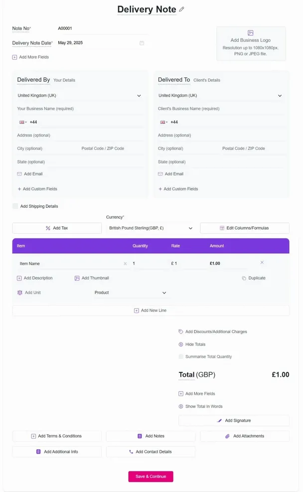 Delivery Note Template Form