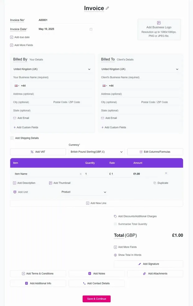 Invoice Template Form UK