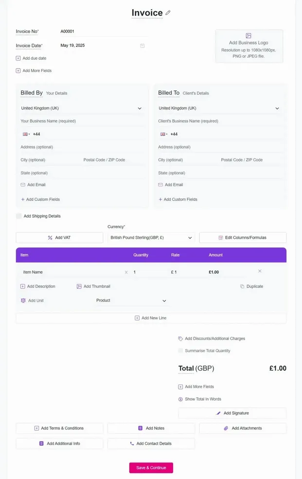 Sole Trader Invoice Template Form UK