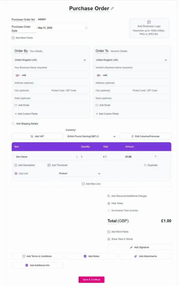 Purchase Order Form GB