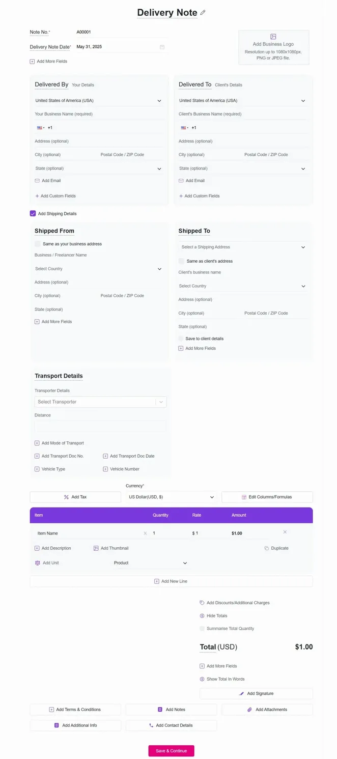 Delivery Note Form