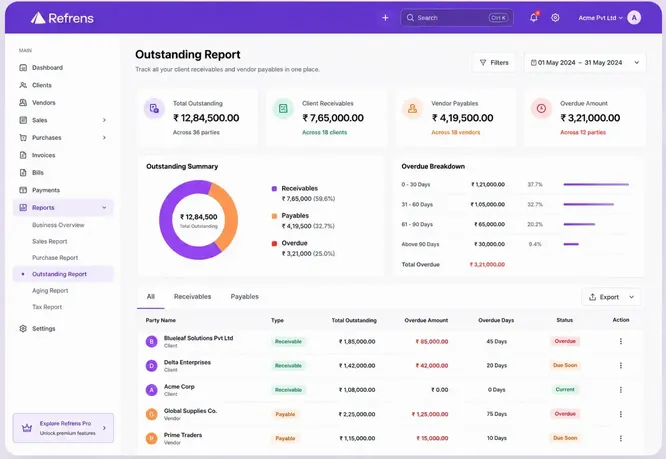 Client and Vendor Outstanding Report