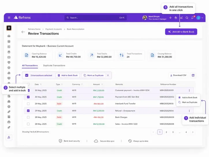 Move Transaction to Bank Book for Bank Reconciliation