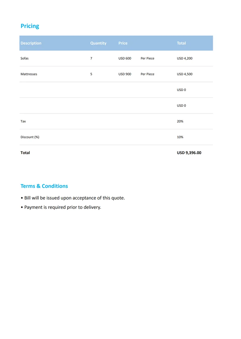 Price Quote Template Excel