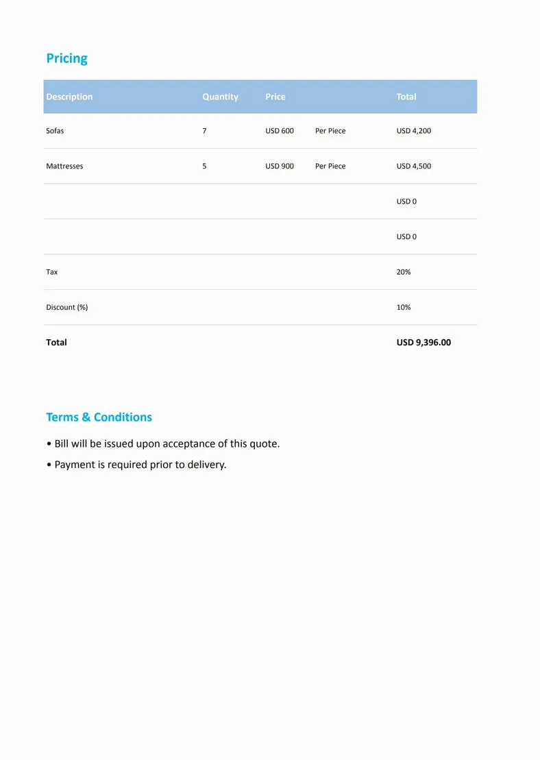 Quote Template Format in Excel