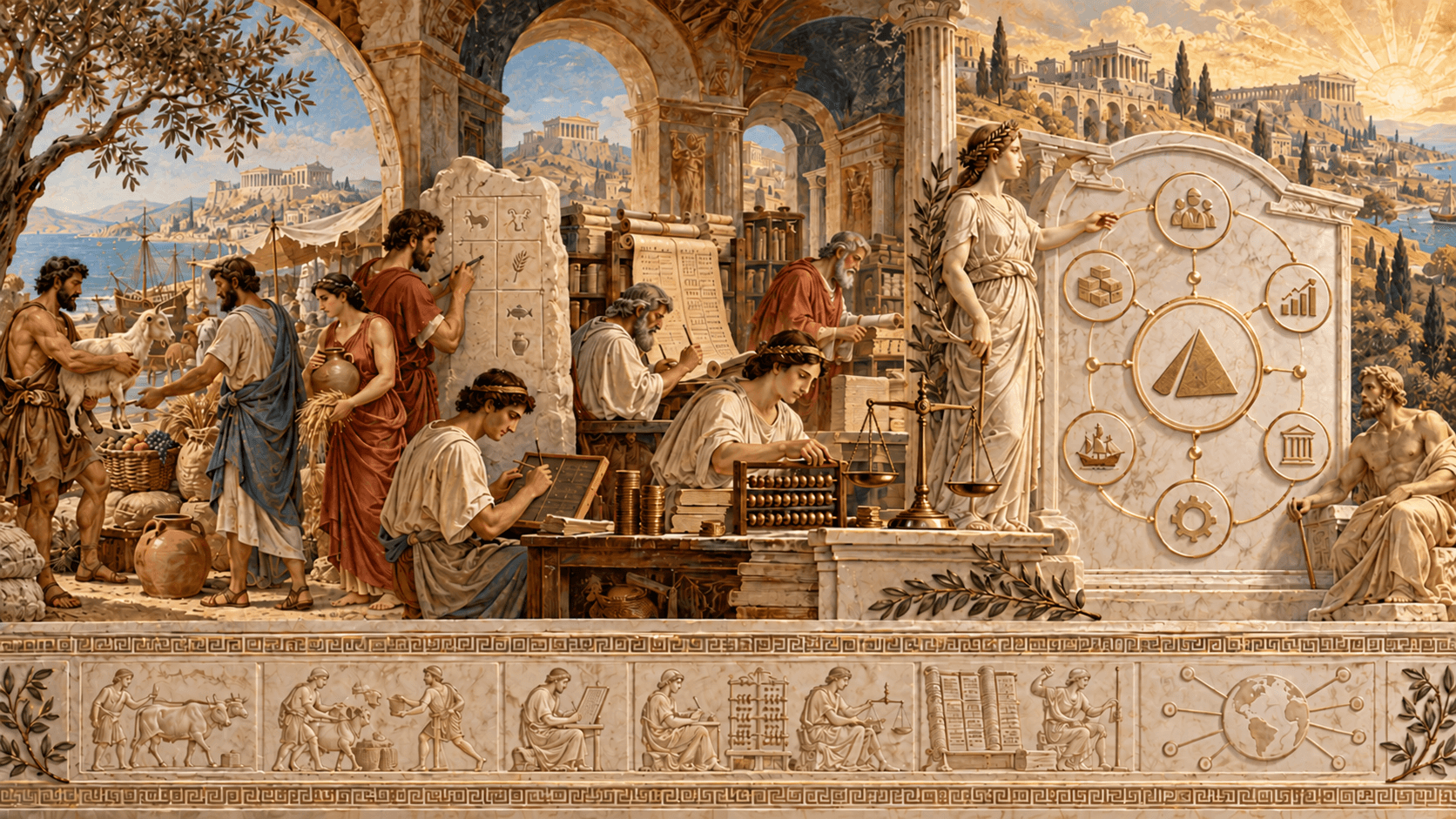 Classical illustration of trade, accounting and business operations Classical illustration of trade, accounting and business operations