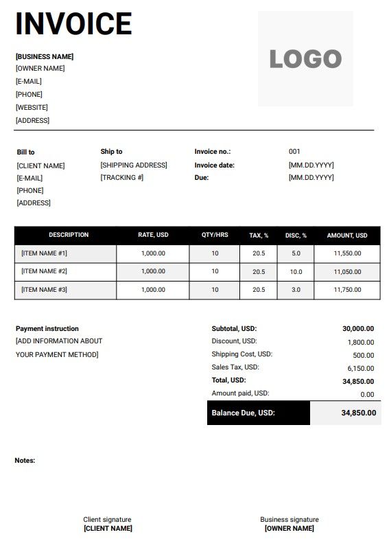 Content Writer Invoice Template