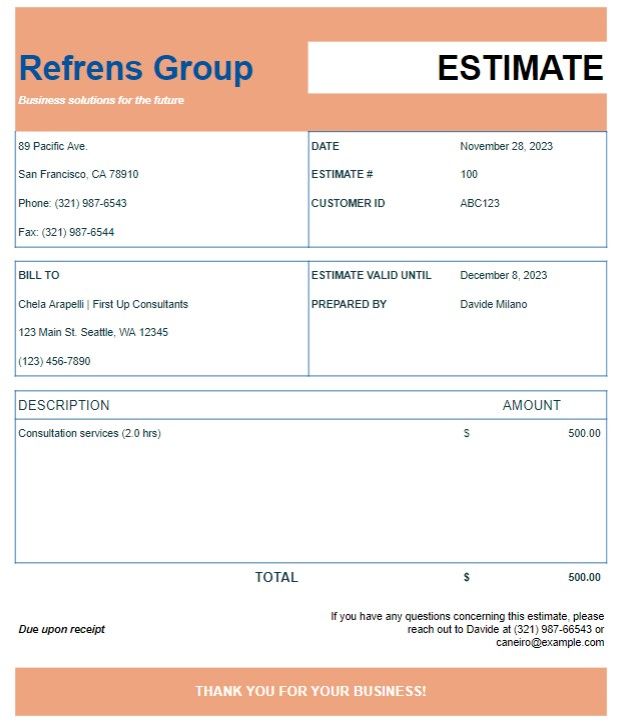 Estimate Template without Tax Excel