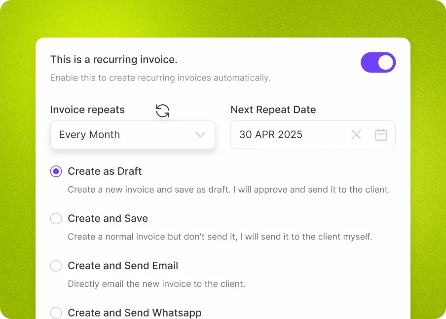 Recurring settings showing frequency dropdown and next repeat date