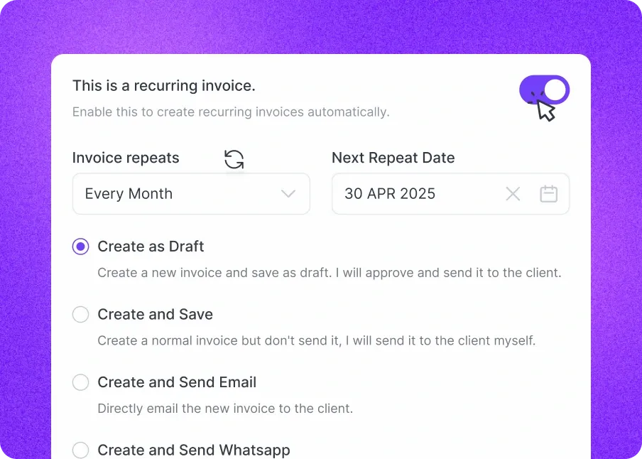 Recurring invoice toggle enabled with frequency and next repeat date