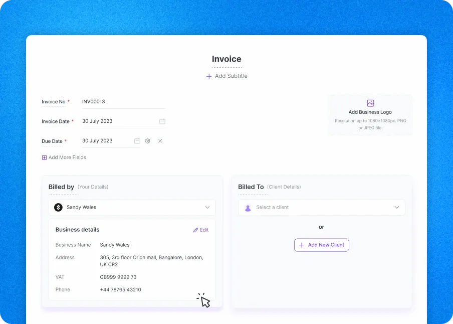 Refrens invoice creation screen with invoice number, dates, and billed-by panel