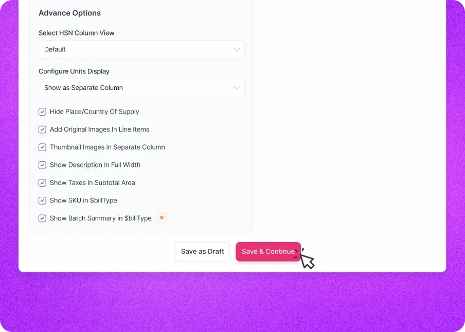 Save & Continue button on Invoice