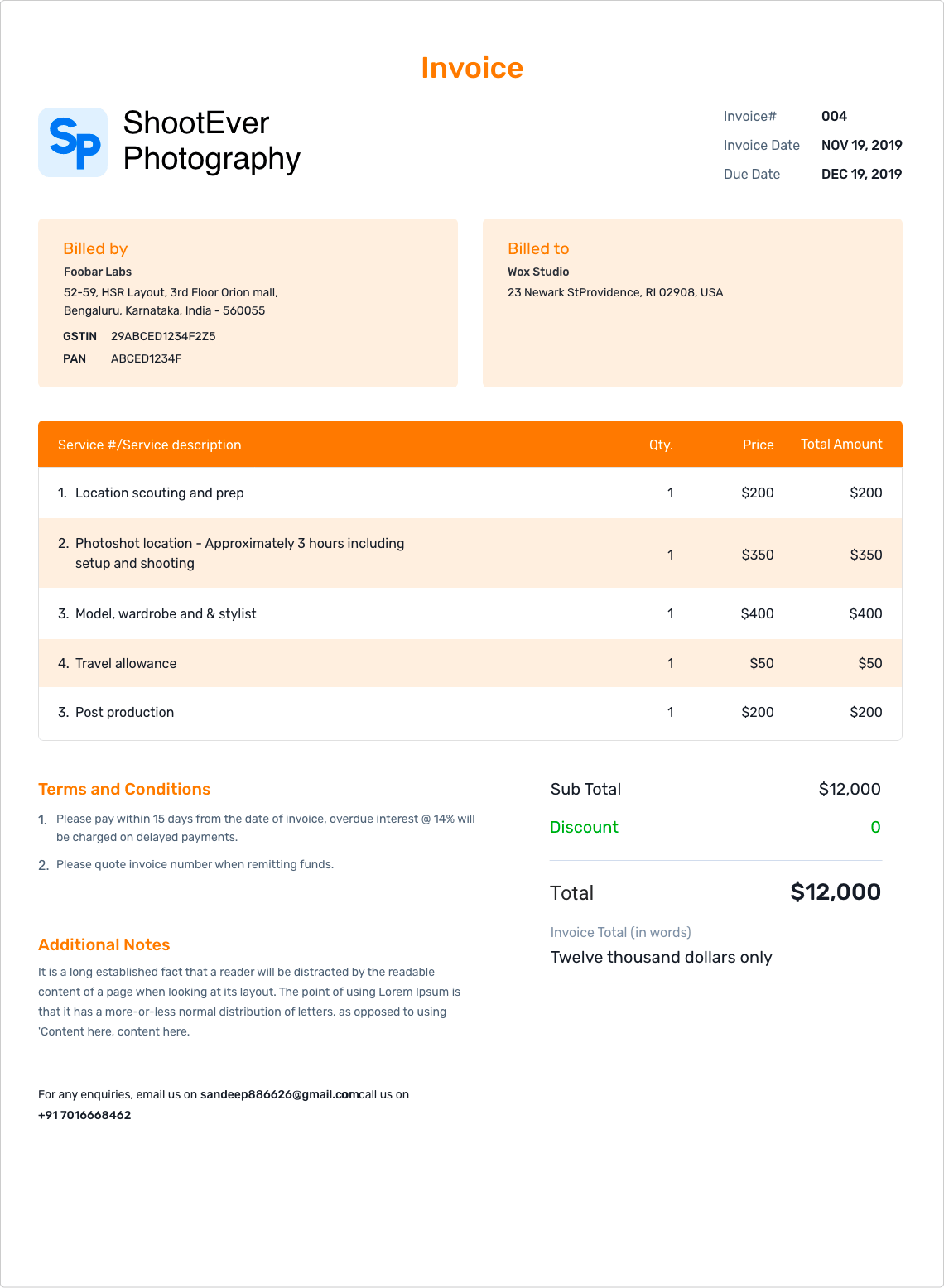 Invoice Template for Photography business