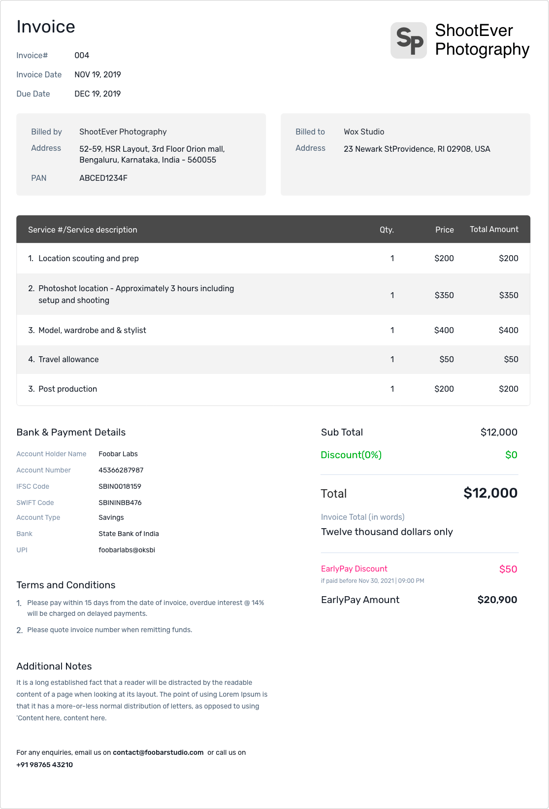 Photography Invoice Template - print friendly