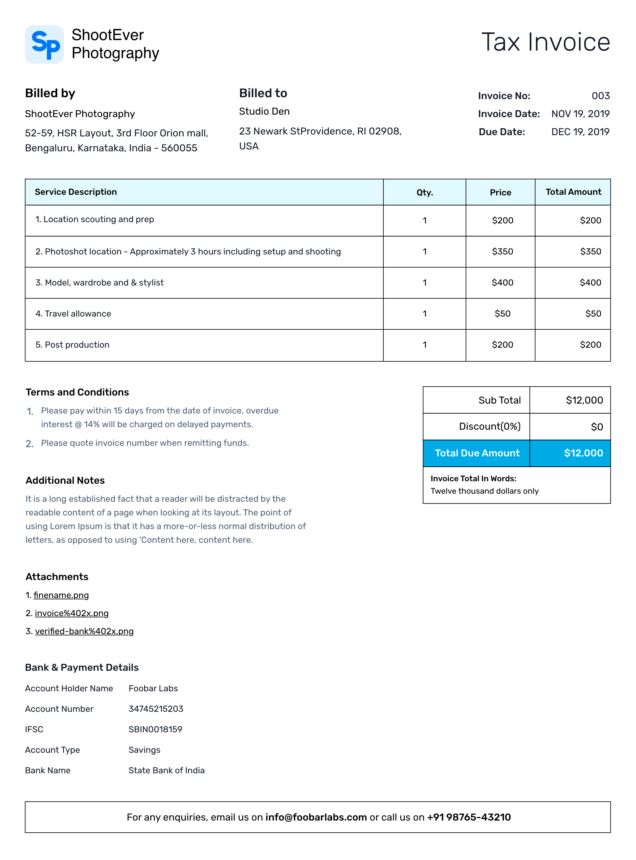 Photography Invoice template - Classic version