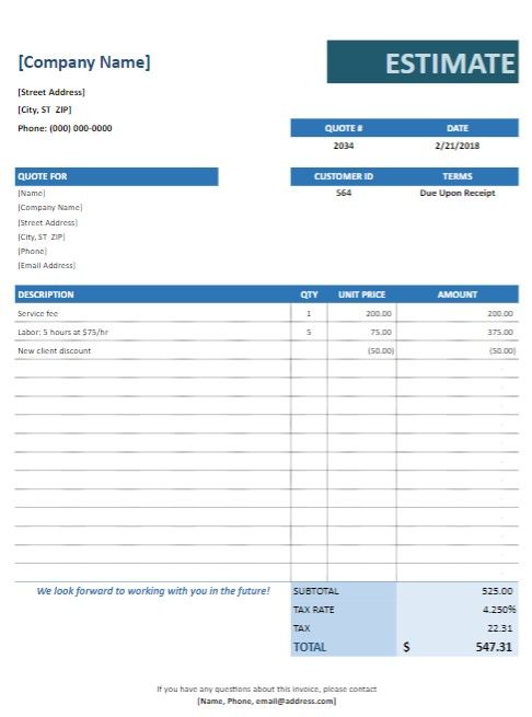 Product Estimate Template Excel