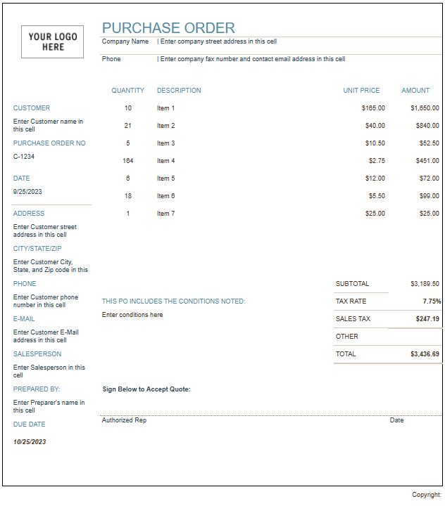Purchase Order Template Excel v3
