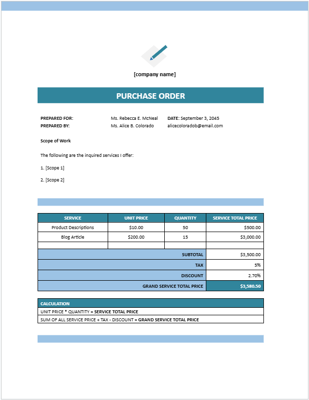 Purchase Order Template Word v2