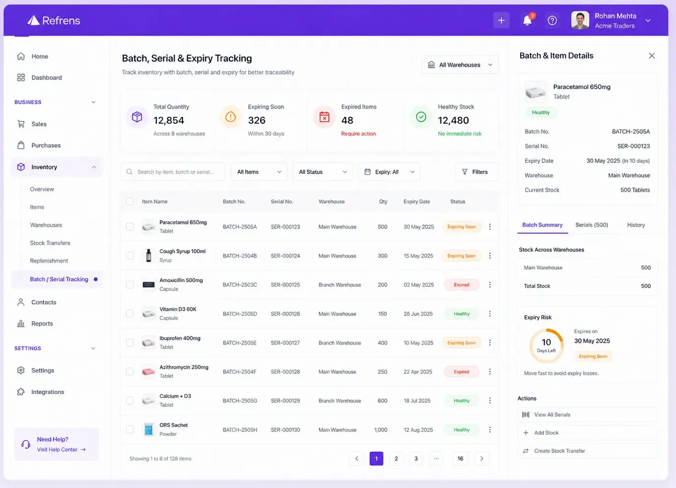 Refrens inventory dashboard showing batch-wise tracking, serial numbers and expiry dates