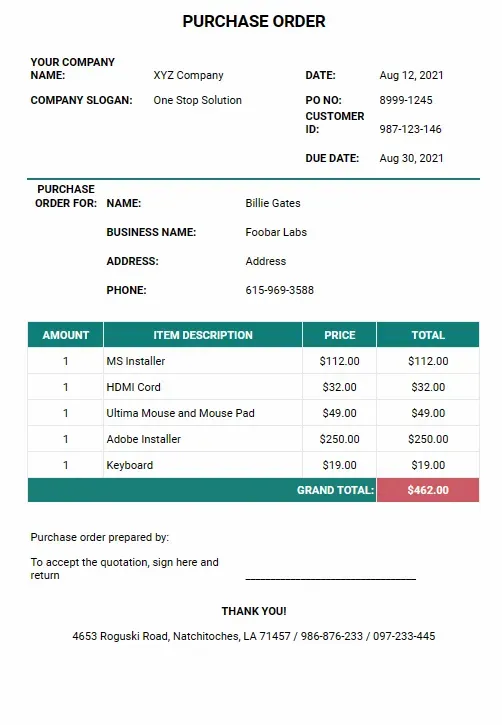 Free Purchase Order Template