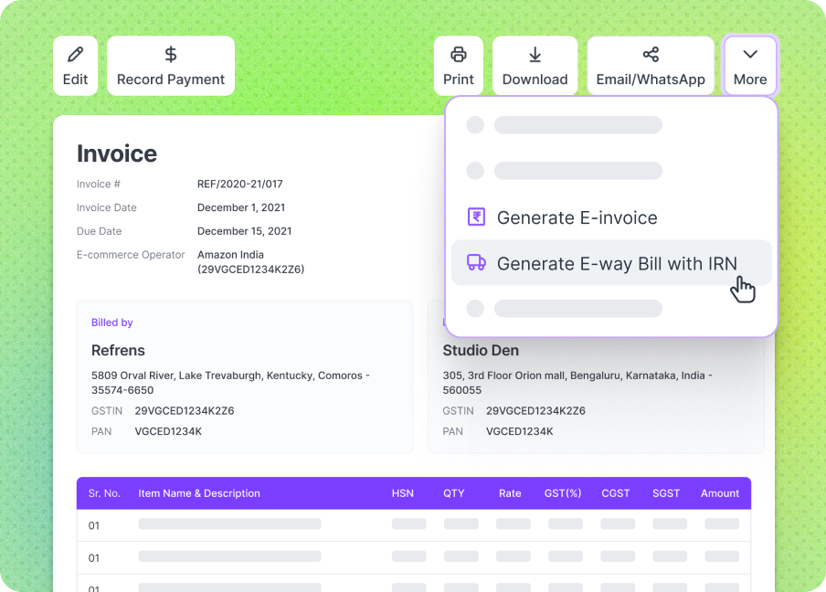 Generate E-way bills with IRN - Refrens Invoice